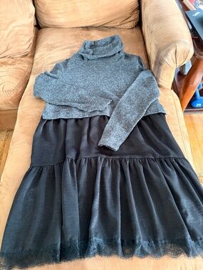 Eri & Ali Gray Black Lace Turtleneck Wool Dress